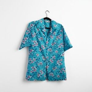 Men's Vintage Hilo Hattie Hawaiian Shirt Floral‎ Aloha Button Down Turquoise L